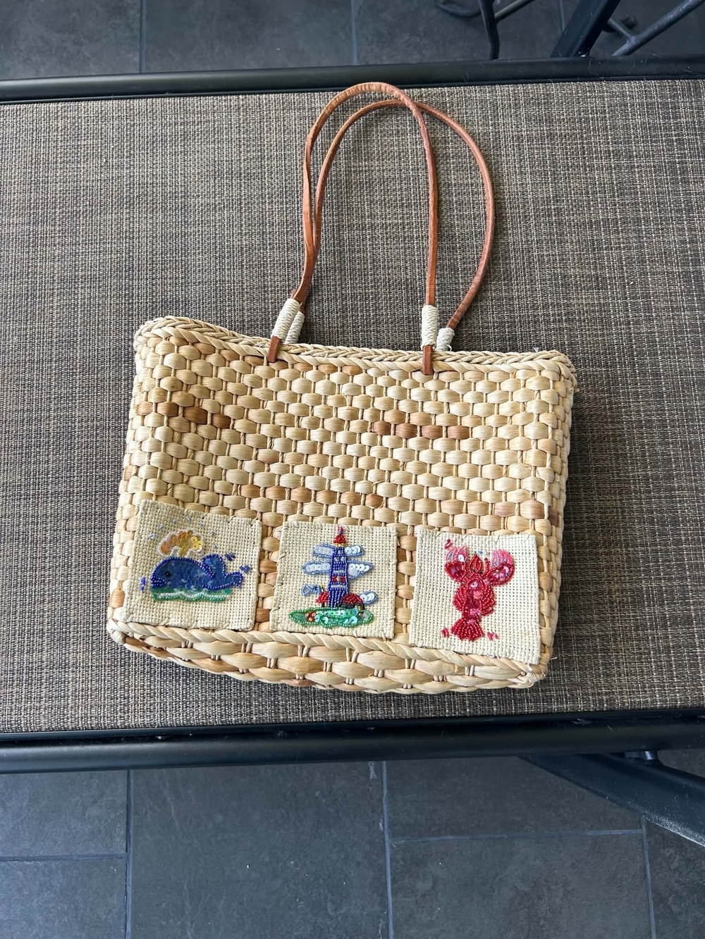 QVC Natural Straw Tote with Blue, Red and Green Embroidered Panels